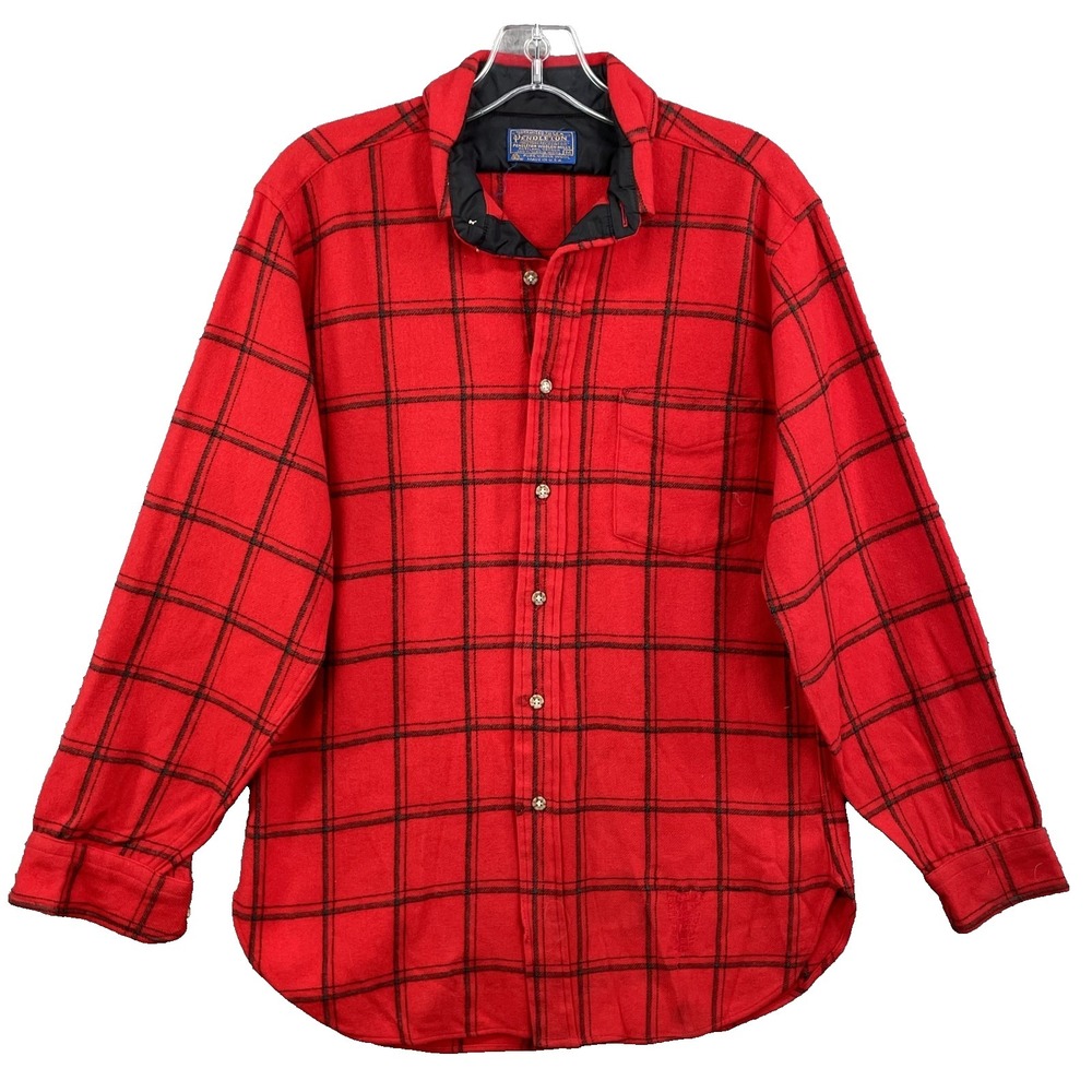 Vintage 100% Wool Pendleton Flannel Shirt Mens Medium Red Cabin Outdoor Made USA